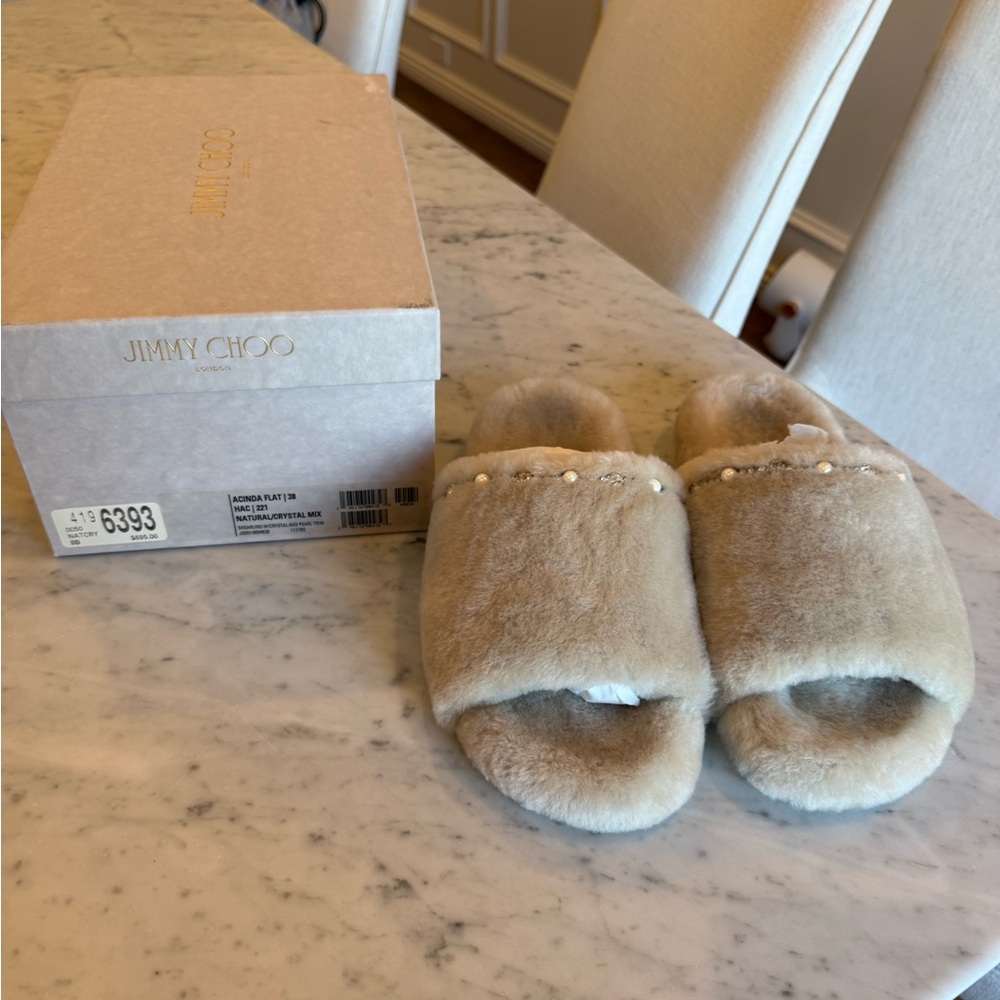 Jimmy Choo Shearling bejeweled slippers NEW!